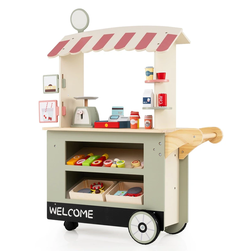 GYMAX Kids Grocery Store Cart, Wooden Market Play Shop with Wheels, 30 Pieces Accessories, Beverage Rack & Food Display Area, Pretend Children Shop Role Playset for 3 Year Old + (Green)
