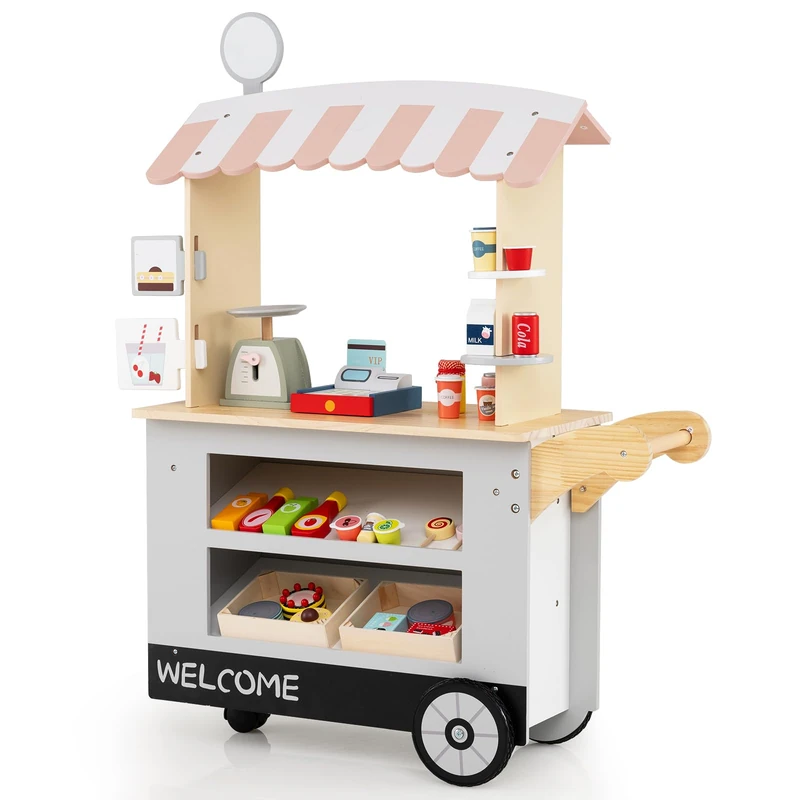 GYMAX Kids Grocery Store Cart, Wooden Market Play Shop with Wheels, 30 Pieces Accessories, Beverage Rack & Food Display Area, Pretend Children Shop Role Playset for 3 Year Old + (Gray)
