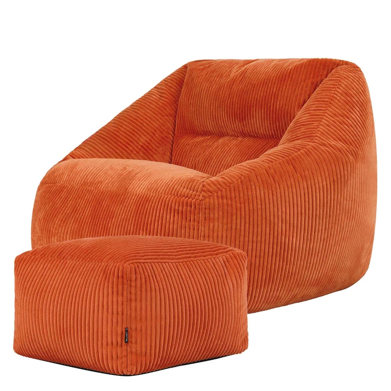 icon Natalia Cord Bean Bag Chair with Footstool, Orange, Large Adult Bean Bag with Filling Included, Comfy Chair, Armchair, Living Room, Living Room Furniture, Bedroom Furniture
