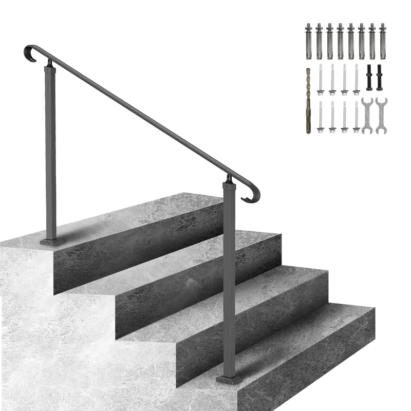 VEVOR Wrought Iron Handrail, Fit 2 or 3 Steps Outdoor Stair Railing, Adjustable Front Porch Hand Rail, Black Transitional Hand railings for Concrete Steps or Wooden Stairs with Installation Kit - Image 1