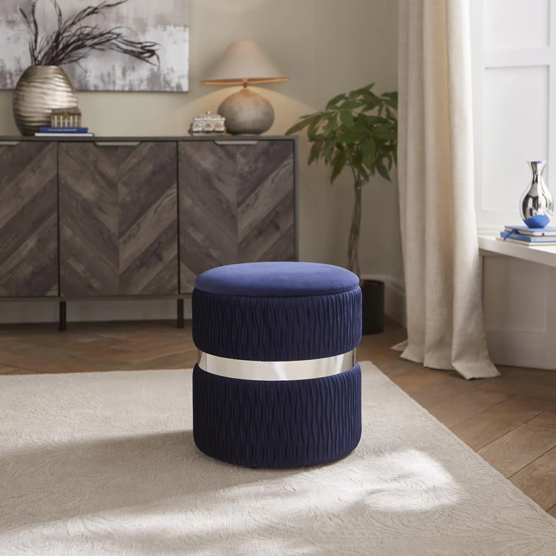 Eden Soft Velvet Storage Stool Midnight Blue