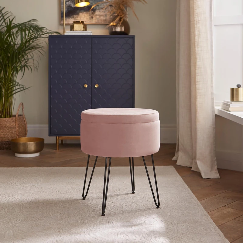 Avery Soft Velvet Storage Stool Blush Pink