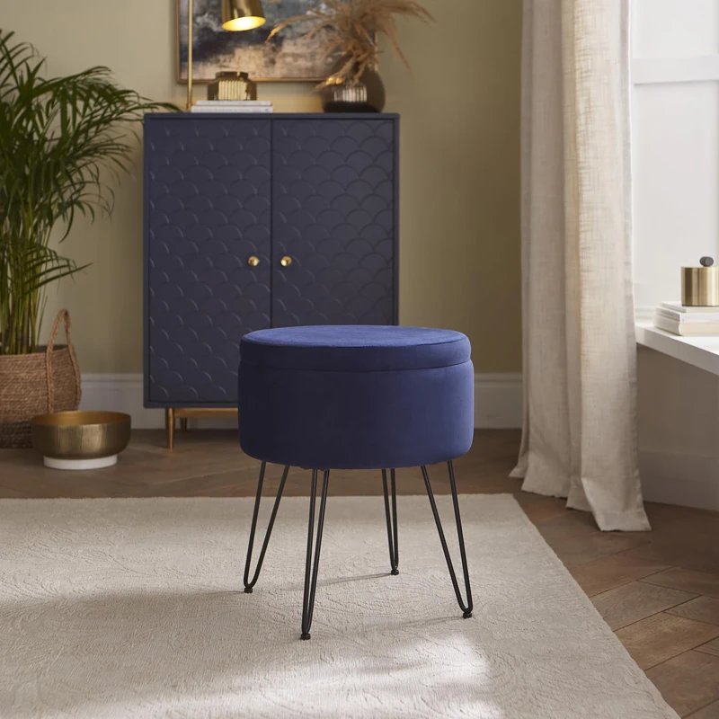 Avery Soft Velvet Storage Stool Midnight Blue
