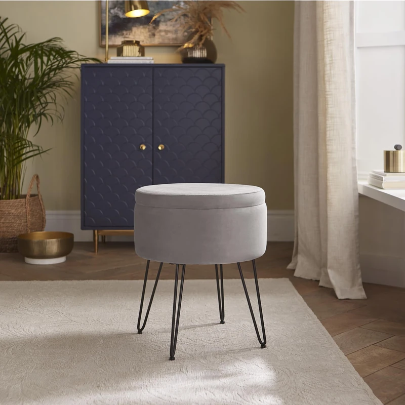 Avery Soft Velvet Storage Stool Grey