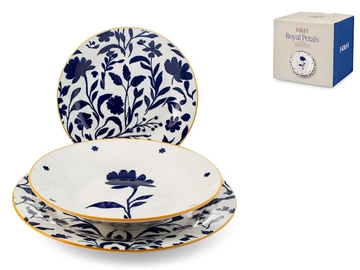 H&H Royal Petals 18 Piece Porcelain Dinner Set - 6 Dinner Plates 27cm, 6 x 27cm Bases, 6 x Fruit 19 cm Wing Shape - Dishwasher and Microwave Safe