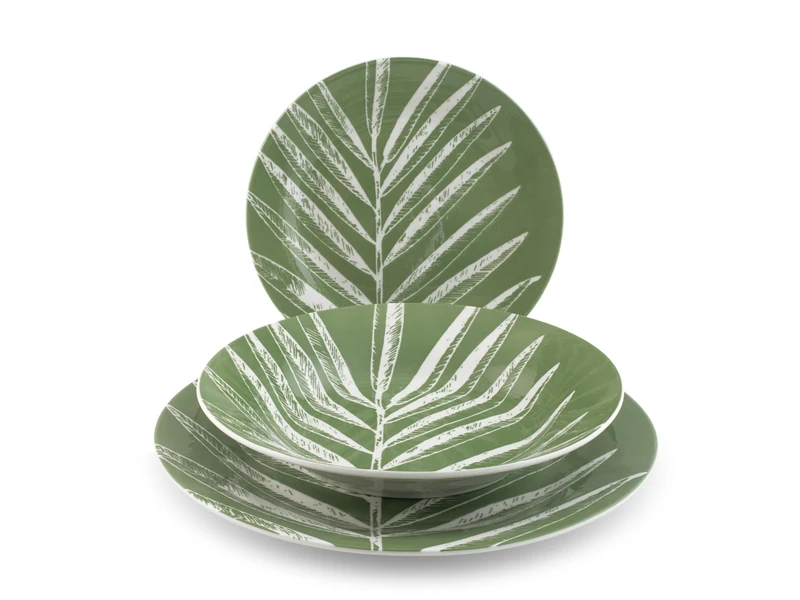 H&H Minty Foliage 18 Piece Porcelain Dinner Set - 6 Dinner Plates 27cm, 6 Bowls 23 cm, 6 Fruit 19 cm Wing Shape - Dishwasher and Microwave Safe
