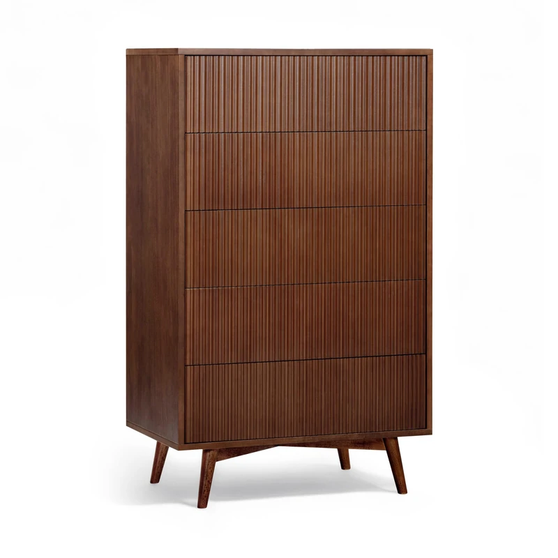 Teamson Home Tremolo 127 cm Tall Walnut Bedroom Dresser Chest of Drawers with 5 Push-Open Drawers, Fluted Wood Detailing and Vertical Storage Design, Walnut