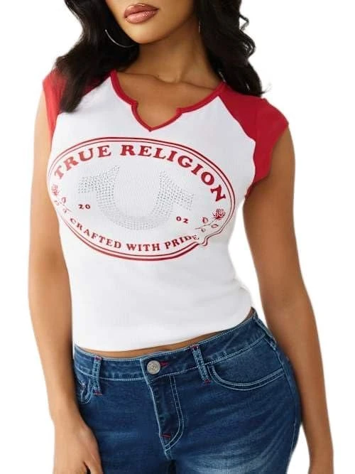 True Religion Women's Horseshoe Rose Baby Tee, Multicolor, XXL