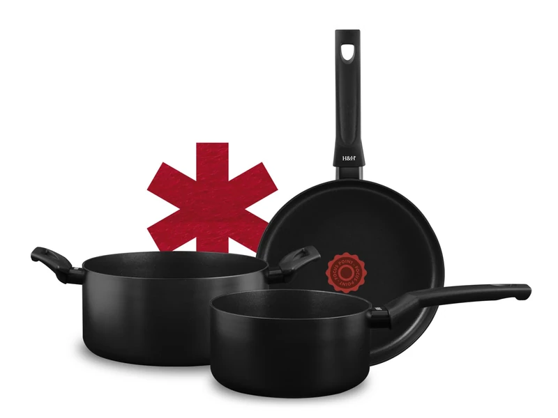 H&H 8-Piece Focus Cookware Set with Non-Stick Black Pfluon Coating, Casseroles, Pans and Lids in Glass with Silicone, Universal Bottom for All Hobs