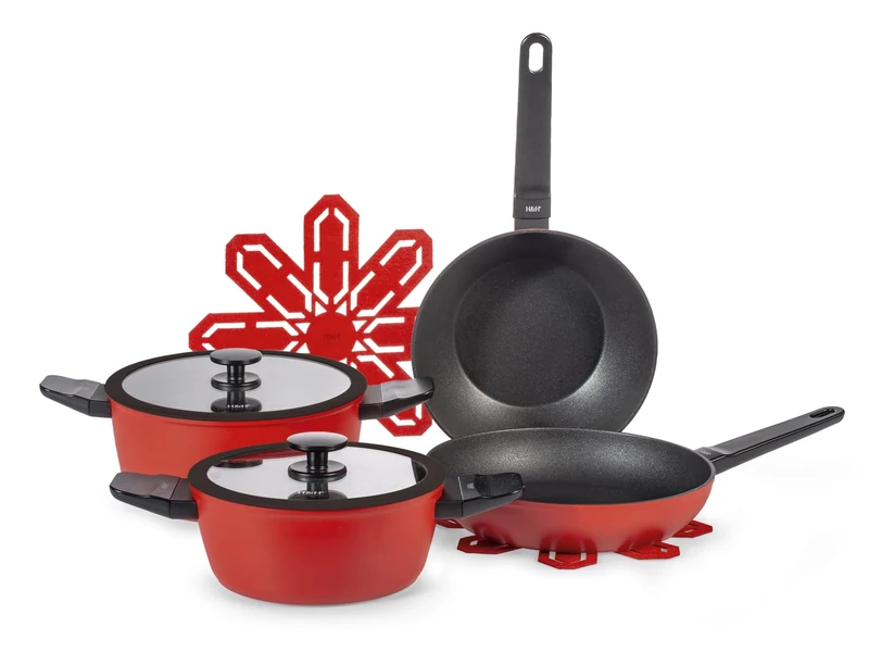 H&H Accord Cookware Set of 7 Pieces in Aluminium with Non-Stick Coating Pfluon Red, Casseroles and Pans with Glass Lids, Universal Bottom for All Hobs - Image 1