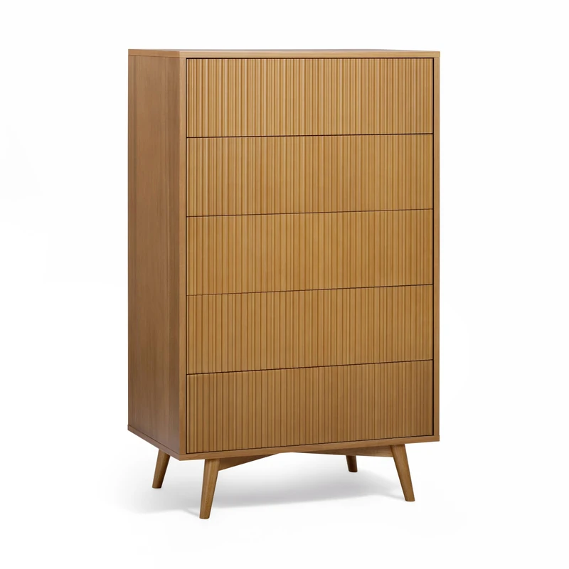 Teamson Home Tremolo 127 cm Tall Bedroom Dresser Chest of Drawers with 5 Push-Open Drawers, Fluted Wood Detailing and Acacia Veneer Finish for Vertical Storage, Natural