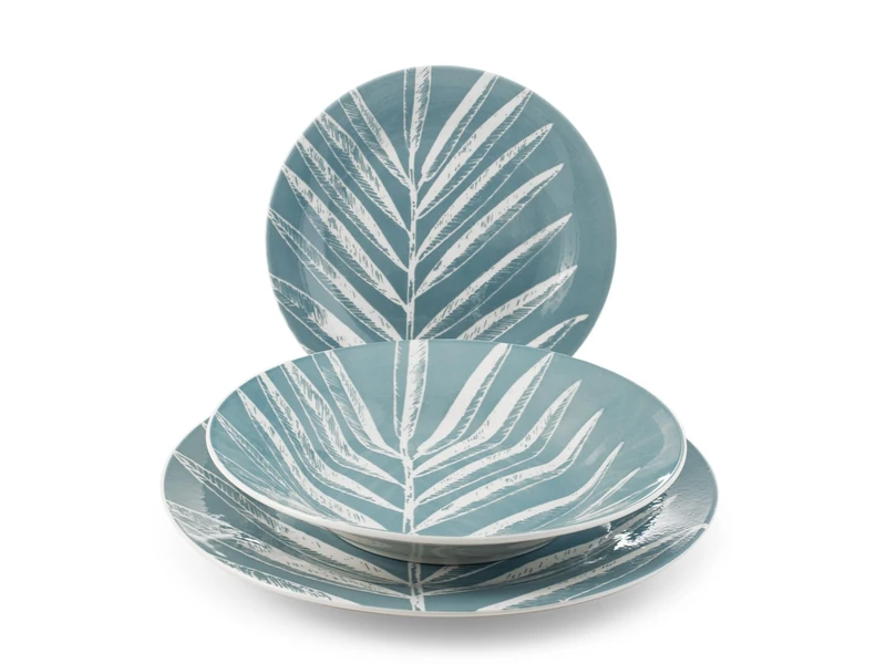 H&H Foliage Blue Porcelain Dinner Set Decorated 18 Pieces - 6 Dinner Plates 27cm, 6 Bowls 23 cm, 6 Fruit 19 cm Wing Shape - Dishwasher and Microwave Safe