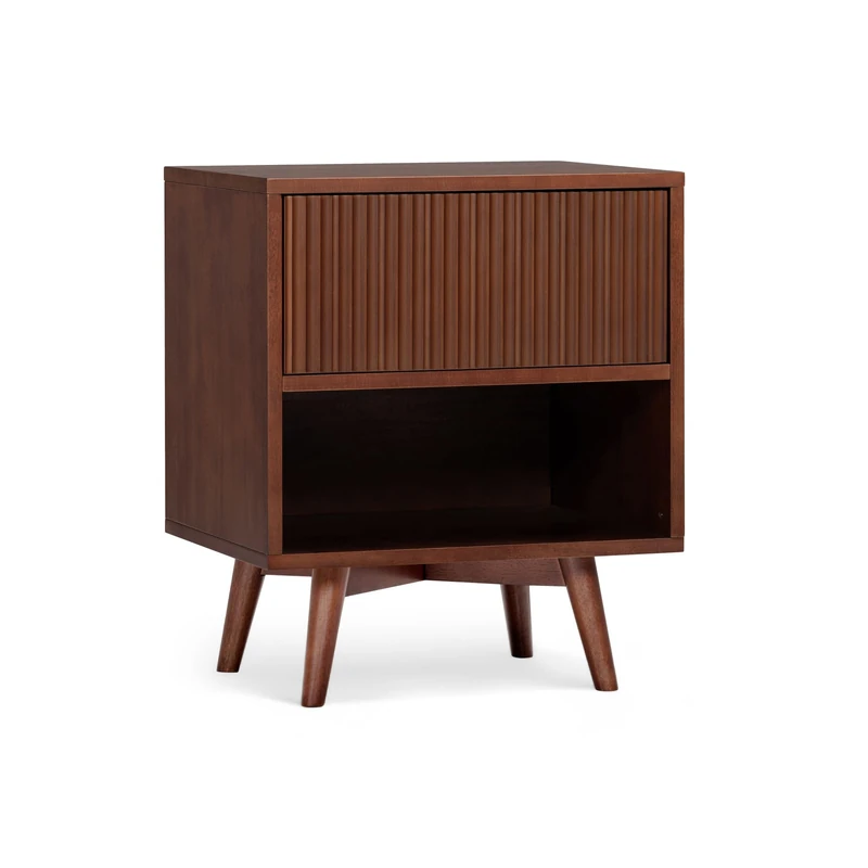 Teamson Home Tremolo Bedside Table with 1 Push-Open Drawer, Open Shelf Storage and Fluted Wood Detailing, Natural