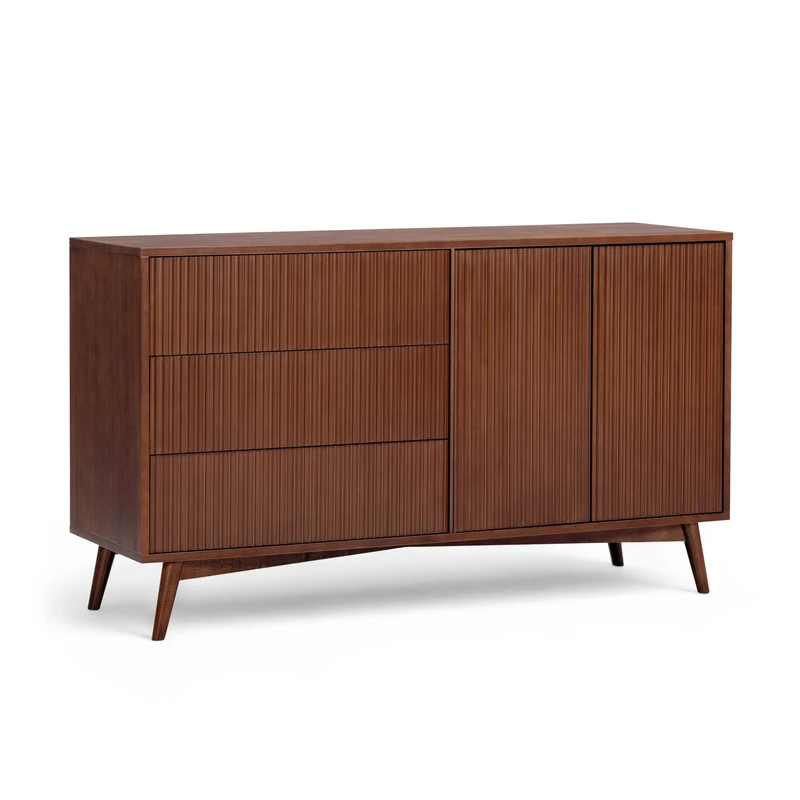 Teamson Home Tremolo 140 cm Wide Wooden Sideboard with 3 Drawers, 2 Push-Open Doors, Fluted Wood Fronts and Acacia Veneer Finish, Walnut