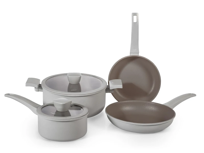 H&H Set of 6 Alma Aluminium Cookware with Non-Stick Coating Pfluon Grey, Casseroles, Pans and Lids in Glass with Silicone, Suitable for All Hobs