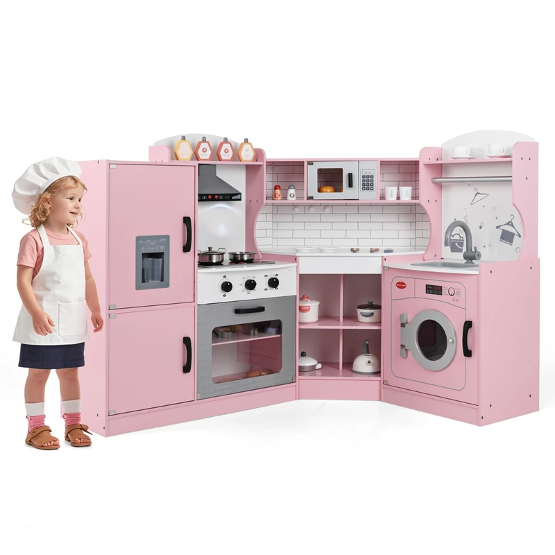 GYMAX Kids Corner Kitchen, Wooden Toy Kitchen with Microwave, Washing Machine, Ice Maker, Cooking Accessories, Realistic Light & Sound, Large Play Kitchen for 3 Years Old + (Pink)