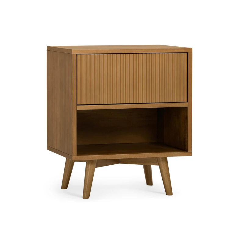 Teamson Home Tremolo Bedside Table with 1 Push-Open Drawer, Open Shelf Storage and Fluted Wood Detailing, Natural