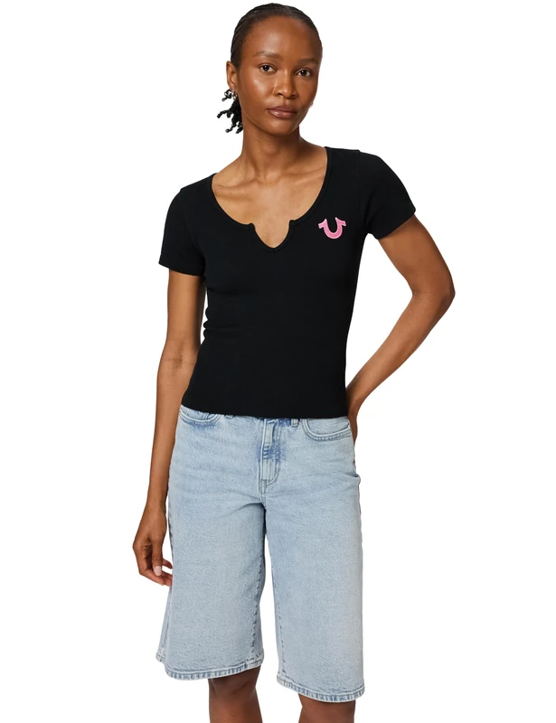 True Religion Women's Seamless Short Sleeve Notched Top, Black, M