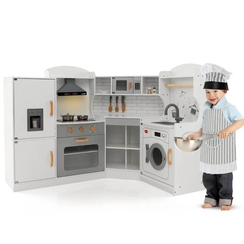 GYMAX Kids Corner Kitchen, Wooden Toy Kitchen with Microwave, Washing Machine, Ice Maker, Cooking Accessories, Realistic Light & Sound, Large Play Kitchen for 3 Years Old + (White)