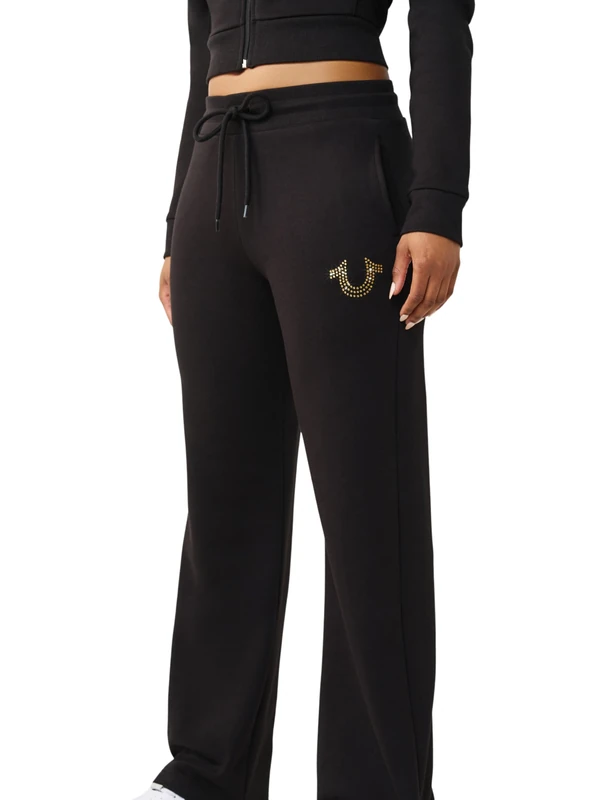 True Religion Women's Horseshoe Crystal Straight Leg, Black, L