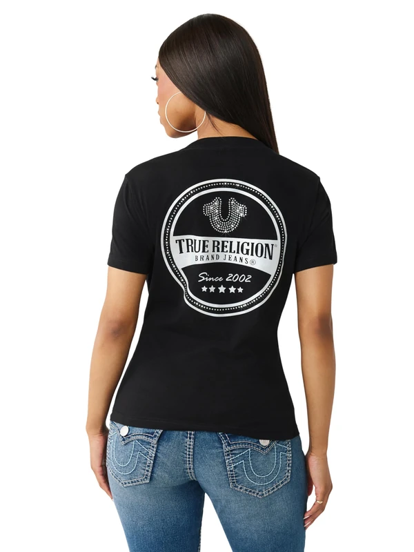 True Religion Women's Iridescent V Neck Tee, Black, L
