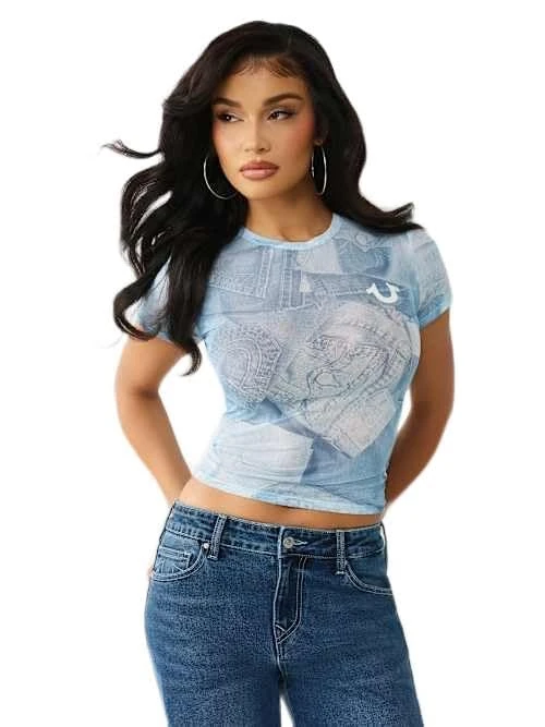 True Religion Women's Denim Print Mesh Short Sleeve Top, Blue, L