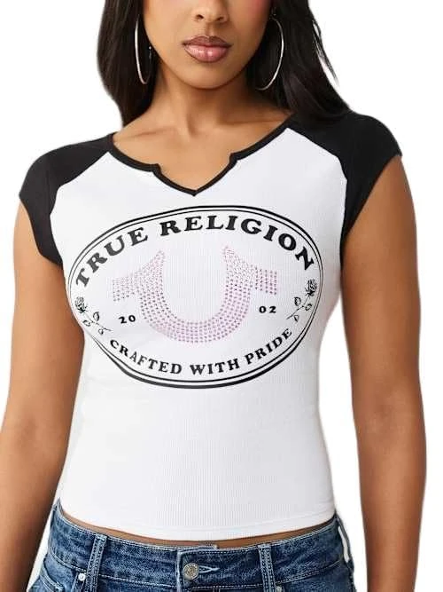 True Religion Women's Horseshoe Rose Baby Tee, Multicolor, M