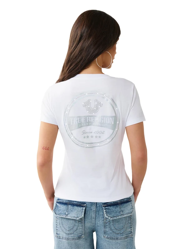 True Religion Women's Iridescent V Neck Tee - White, L