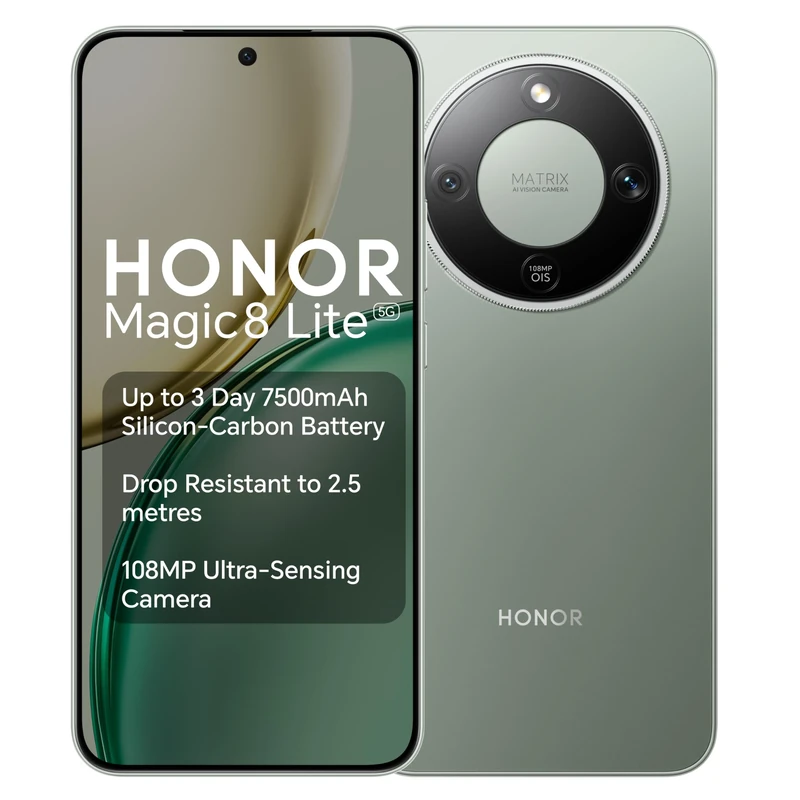 HONOR Magic8 Lite 5G Mobile Phone, 7500mAh Three-Day Battery,HONOR Ultra-Bounce Anti-Drop,108MP AI Camera,8GB RAM 512GB,IP68,IP69 Water and Dust Resistance,Dual SIM,Android 16,Green