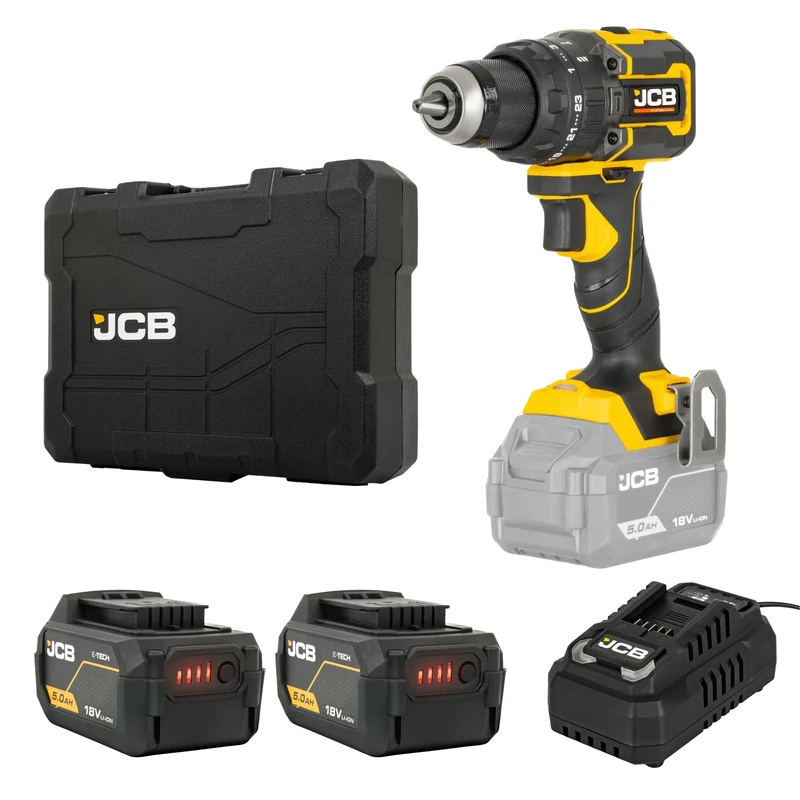 JCB Pro 18V 75Nm Brushless Combi Drill, 2 x 5.0Ah Battery & 4.5A Fast Charger, Compact Hammer Drill Driver for Wood, Metal & Masonry, 3 Year Warranty