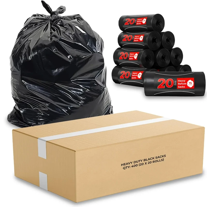 Roe Tenpo 400 Pack Black Bin Bags – 75L, 30 Micron Refuse Sacks, Extra Strong, Eco-friendly, Leak-Resistant Bin Liners - Perfect for Home, Office, DIY & Garden (Packaging May Vary)