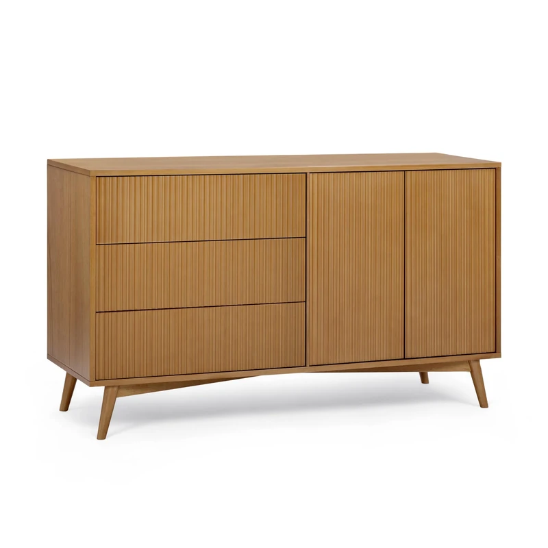 Teamson Home Tremolo 140 cm Wide Wooden Sideboard with 3 Drawers, 2 Push-Open Doors, Fluted Fronts and Acacia Veneer Finish, Natural