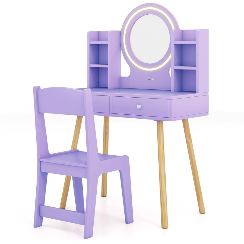 GYMAX Kids Vanity Table and Chair, Wooden Girls Dressing Tables with 2-Color LED Lighted Mirror, 2 Drawers and Storage Shelves, Children Makeup Desk Set for 3 Years Old+ (Purple)