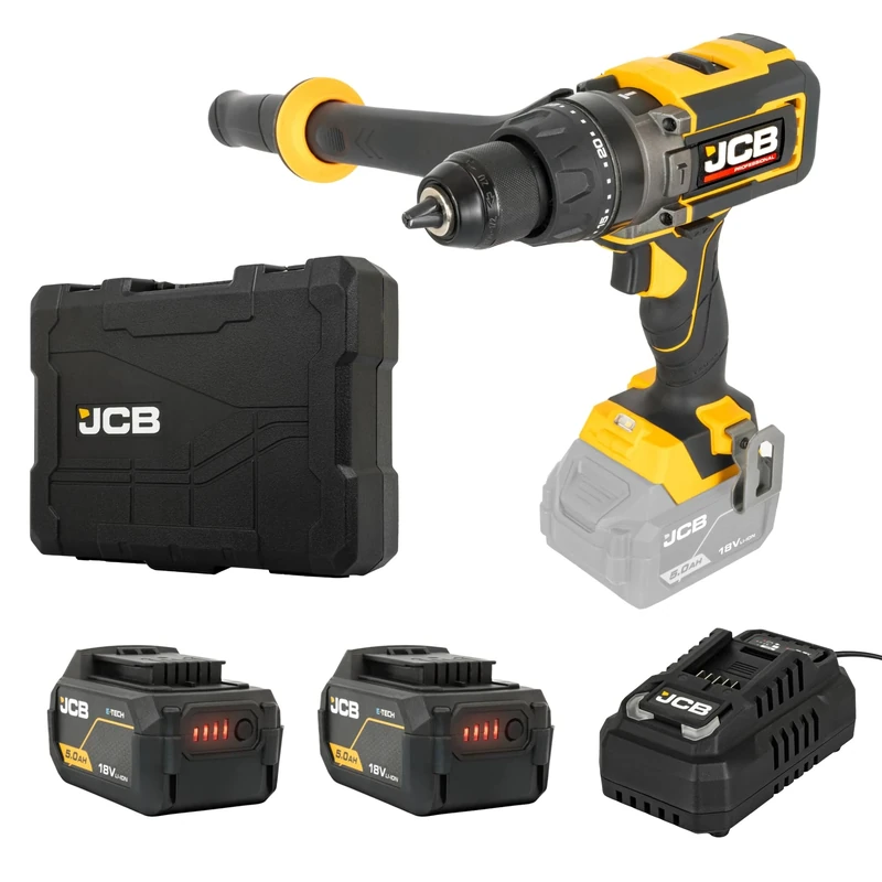 JCB Pro 18V 160Nm Brushless Combi Drill, 2 x 5.0Ah Batteries & Fast Charger, Anti-Kickback, High Torque Cordless Drill for Wood, Metal & Masonry, 3 Year Warranty