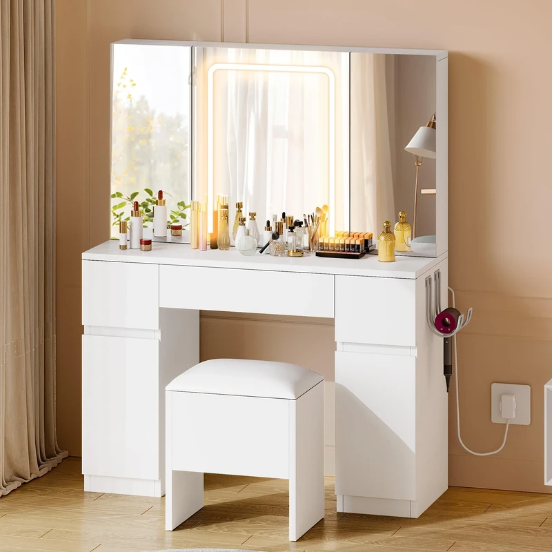 YITAHOME Dressing Table with Mirror and Stool, Vanity Desk with Mirror and Drawers White Dressing Table with LED Lights Jewelry Storage, Adjustable Brightness Vanity Table with Large Mirror and Stool