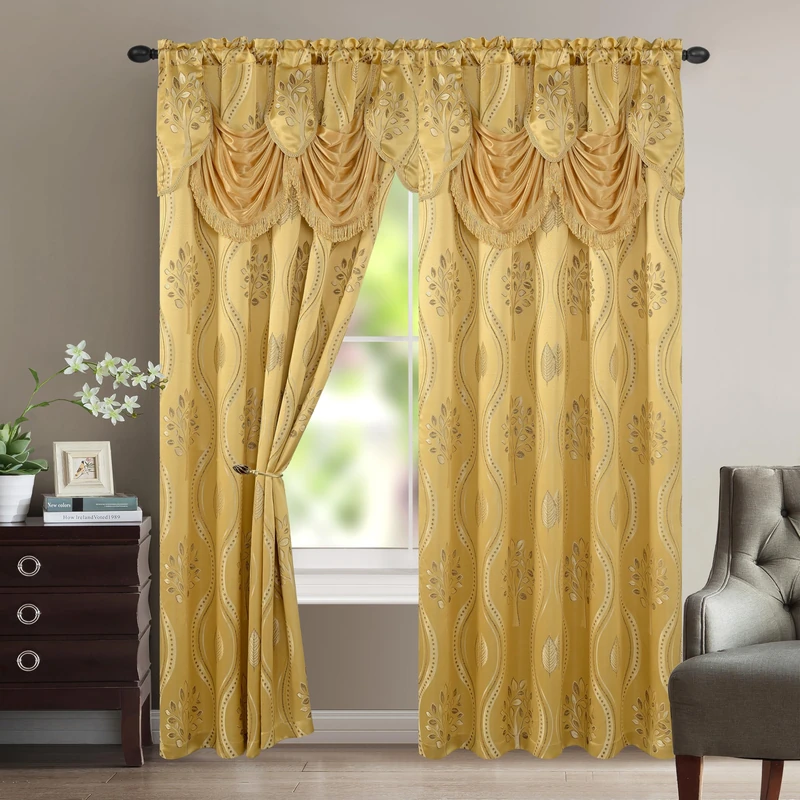 Elegant Comfort Luxurious Aurora Jacquard Look Curtain Panel Set with Attached Valance 54" X 95 inch (Set of 2), Gold