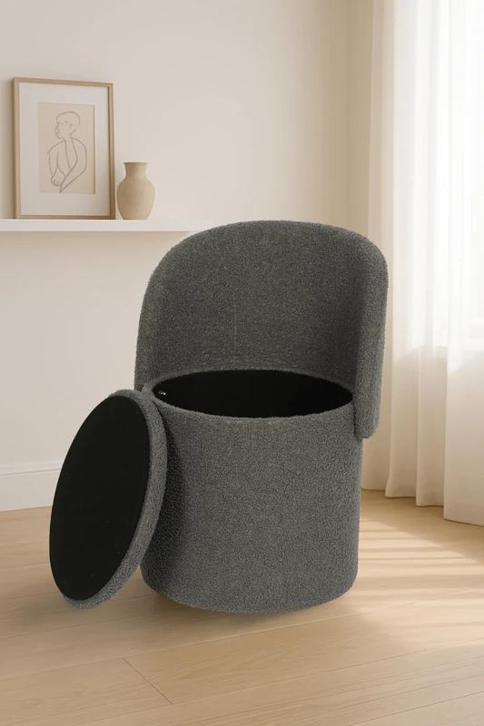 GC GAVENO CAVAILIA Boucle Round Stool Ottoman Storage Box | Vanity Stool With Storage Hidden Removable Lid, Ottoman Folding Stool Foot Rest Bench Seat Chair For Living Room, Bedroom, Charcoal