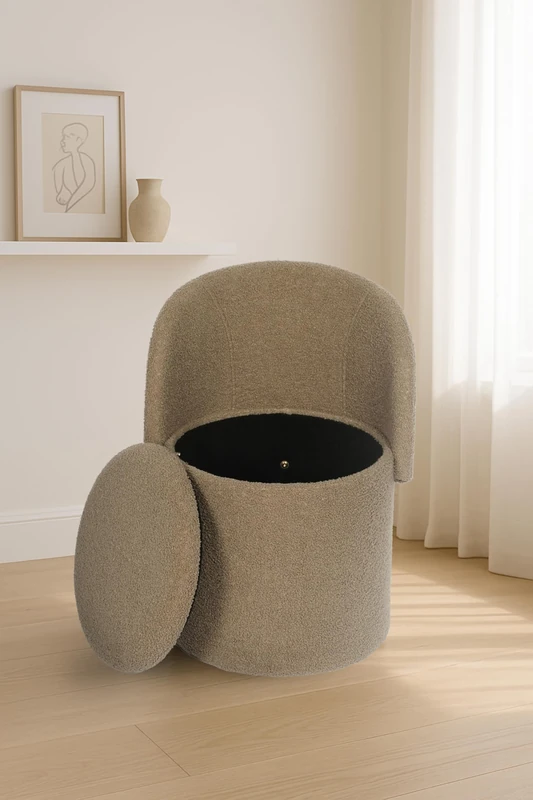 GC GAVENO CAVAILIA Boucle Round Stool Ottoman Storage Box | Vanity Stool With Storage Hidden Removable Lid, Ottoman Folding Stool Foot Rest Bench Seat Chair For Living Room, Bedroom, Dark Natural