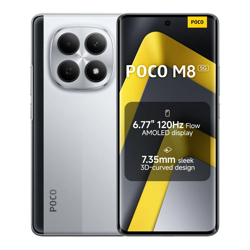 XIAOMI POCO M8, Smartphone 8+512 GB, 6.77" 120Hz FIoW AMOLED Display, Snapdragon® 6 Gen 3, 50MP AI Dual Camera System, 7.35mm Sleek 3D-Curved Design, Silver, Warranty 2 years, Charger Not Included
