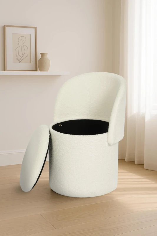 GC GAVENO CAVAILIA Boucle Round Stool Ottoman Storage Box | Vanity Stool With Storage Hidden Removable Lid, Ottoman Folding Stool Foot Rest Bench Seat Chair For Living Room, Bedroom, Off White