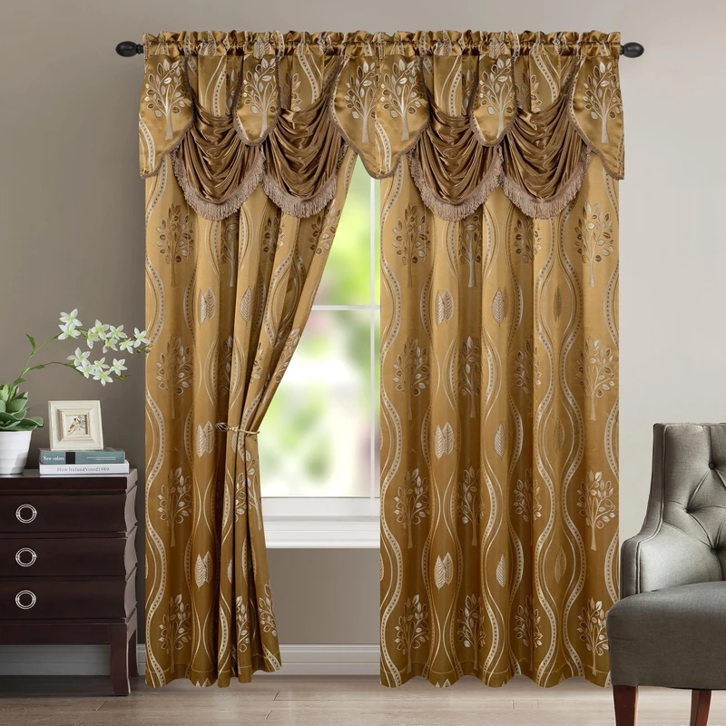 Elegant Comfort Luxurious Aurora Jacquard Look Curtain Panel Set with Attached Valance 54" X 95 inch (Set of 2), Taupe