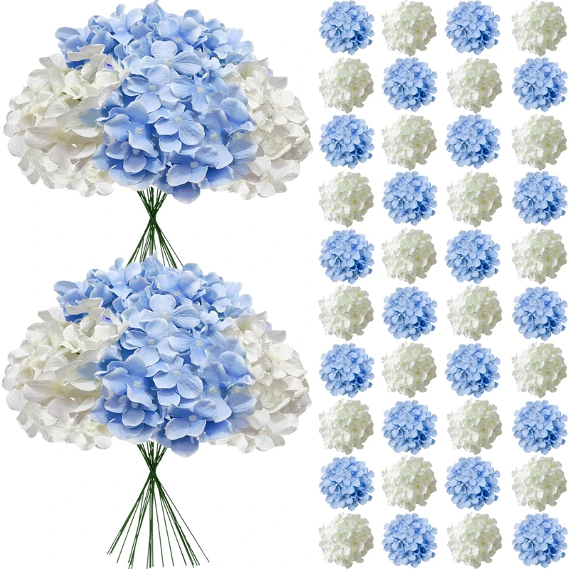 Cherica 50 Pcs Faux White Blue Hydrangea Artificial Flowers Bulk, Fake Silk Hydrangea Flowers Heads with Stems for Wedding Decorations Garden Party Baby Shower Porch Home Decor Table Centerpieces