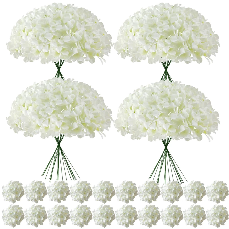 Cherica 100 Pcs Faux White Hydrangea Artificial Flowers Bulk, Fake Silk Hydrangea Flowers Heads with Stems for Wedding Decorations Garden Party Baby Shower Porch Home Decor Table Centerpieces