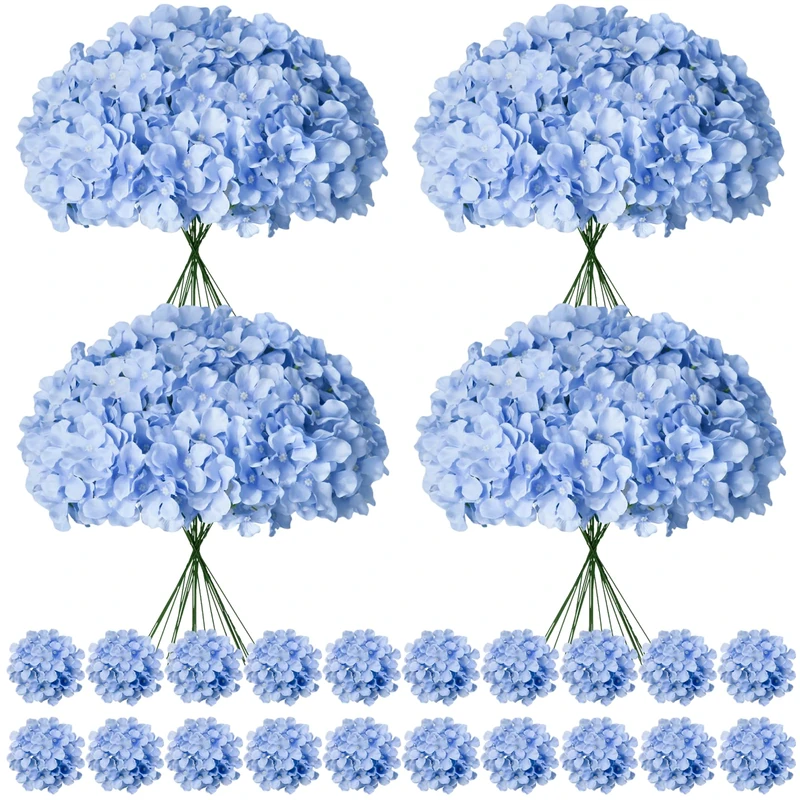 Cherica 100 Pcs Faux Blue Hydrangea Artificial Flowers Bulk, Fake Silk Hydrangea Flowers Heads with Stems for Wedding Decorations Garden Party Baby Shower Porch Home Decor Table Centerpieces