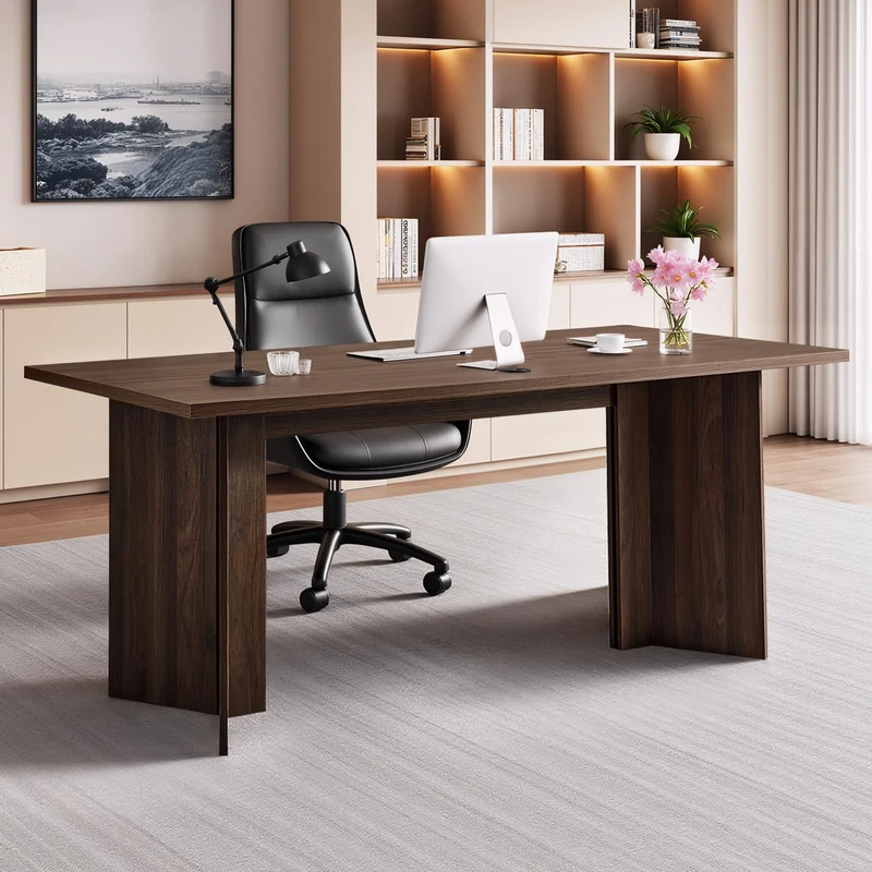 VEVOR 63 in Executive Desk, Large Modern Rectangle Office Table, Heavy Duty Wooden Executive Table with Cable Connection Hole, 113 KG Load Capacity, Easy Assembly, for Work Study Writing, Walnut