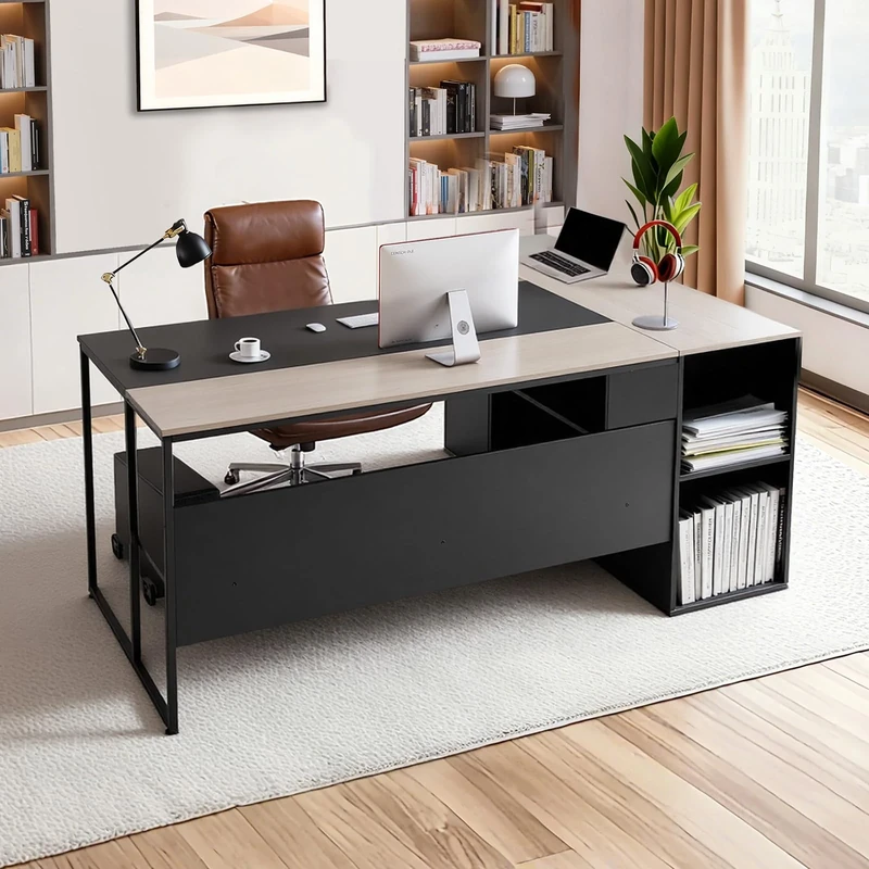 VEVOR L-Shaped Executive Desk, Large Modern Office Table with Drawers & Storage Cabinet, Heavy Duty Wooden Executive Table with CPU Stand, 158.7 KG Load Capacity, Easy Assembly, for Work Study Writing
