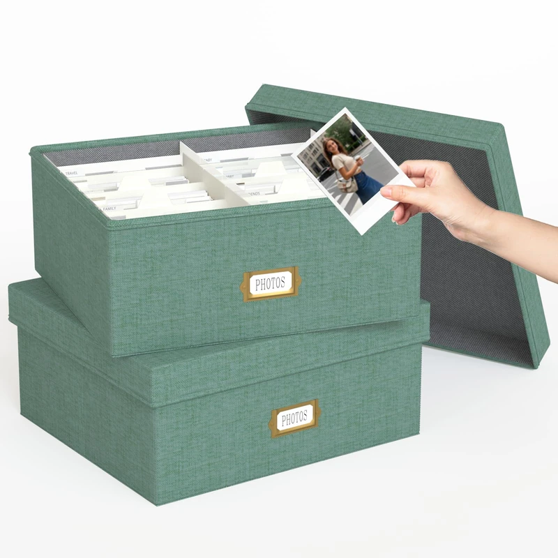 Decorative Photo Storage Box - 2 Pack Linen Photo Box Organizer with Dividers, Fits Holds Up to 1700 Pictures and 4x6 Photos, Memory Keepsake Organizer for Scrapbook Supplies, Cards, Stamps (Green)