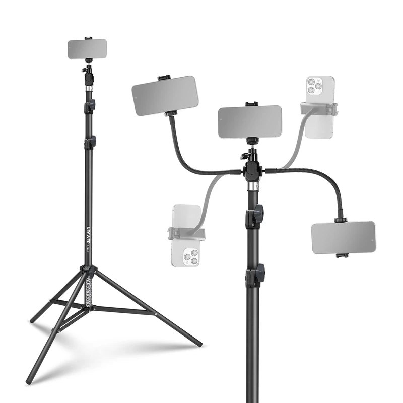 NEEWER BASICS Phone Tripod Stand with Dual Flexible Arms, Adjustable Aluminum Office Table Bedside Smartphone Clip Clamp Holder Mount Compatible with iPhone Samsung Android for Video Recording, ST015