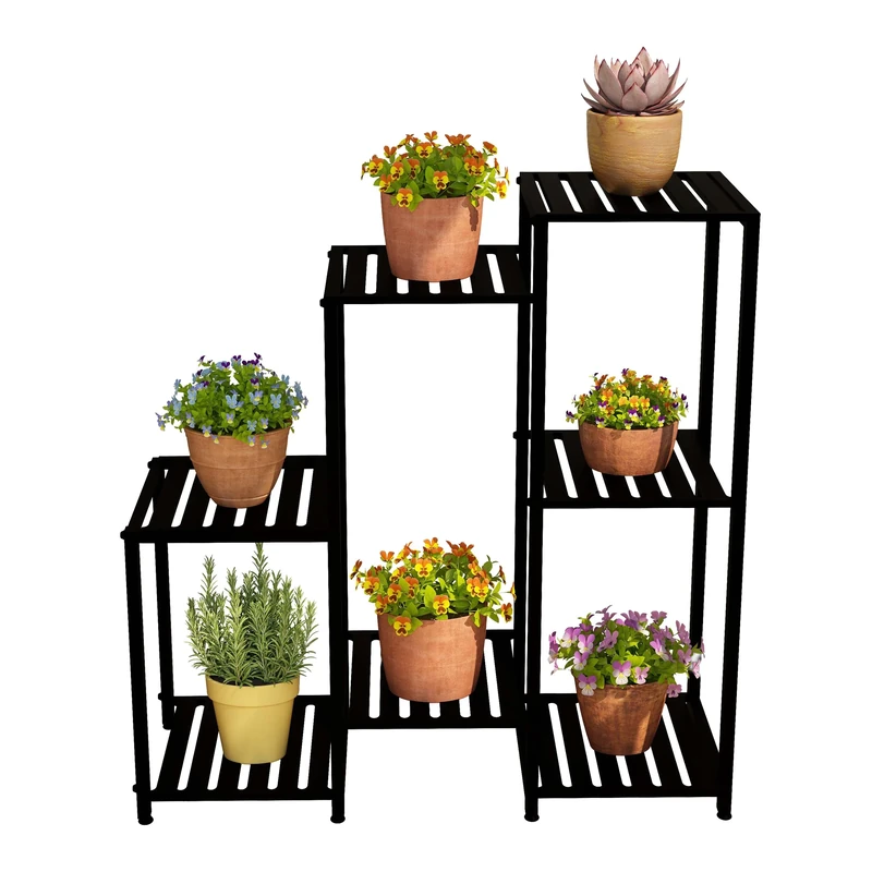 Relaxdays Plant Stand, 7 Tiers, Metal, Shelves for Flower Pots & Herbs, Houseplant Rack, HWD: 81 x 80 x 28.5 cm, Black