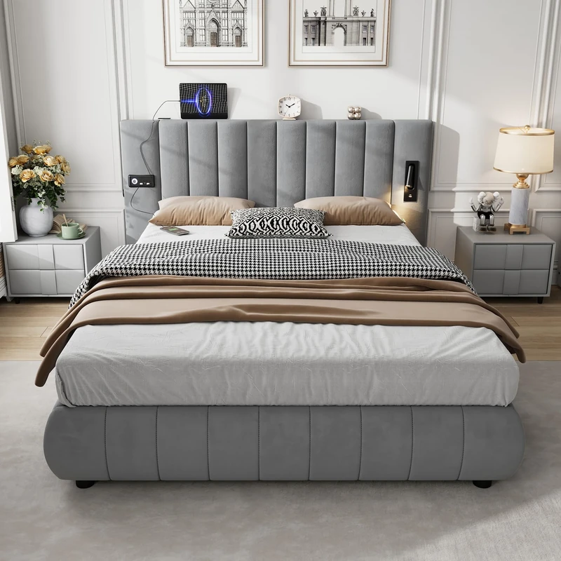 Ball & Cast 5ft King Size Bed Frame, Upholstered Bed, With stereo, 3 Type A +1 Type C, With lighting, With electrical plug, For adults & teenagers, Grey/Velvet, 150x200 cm